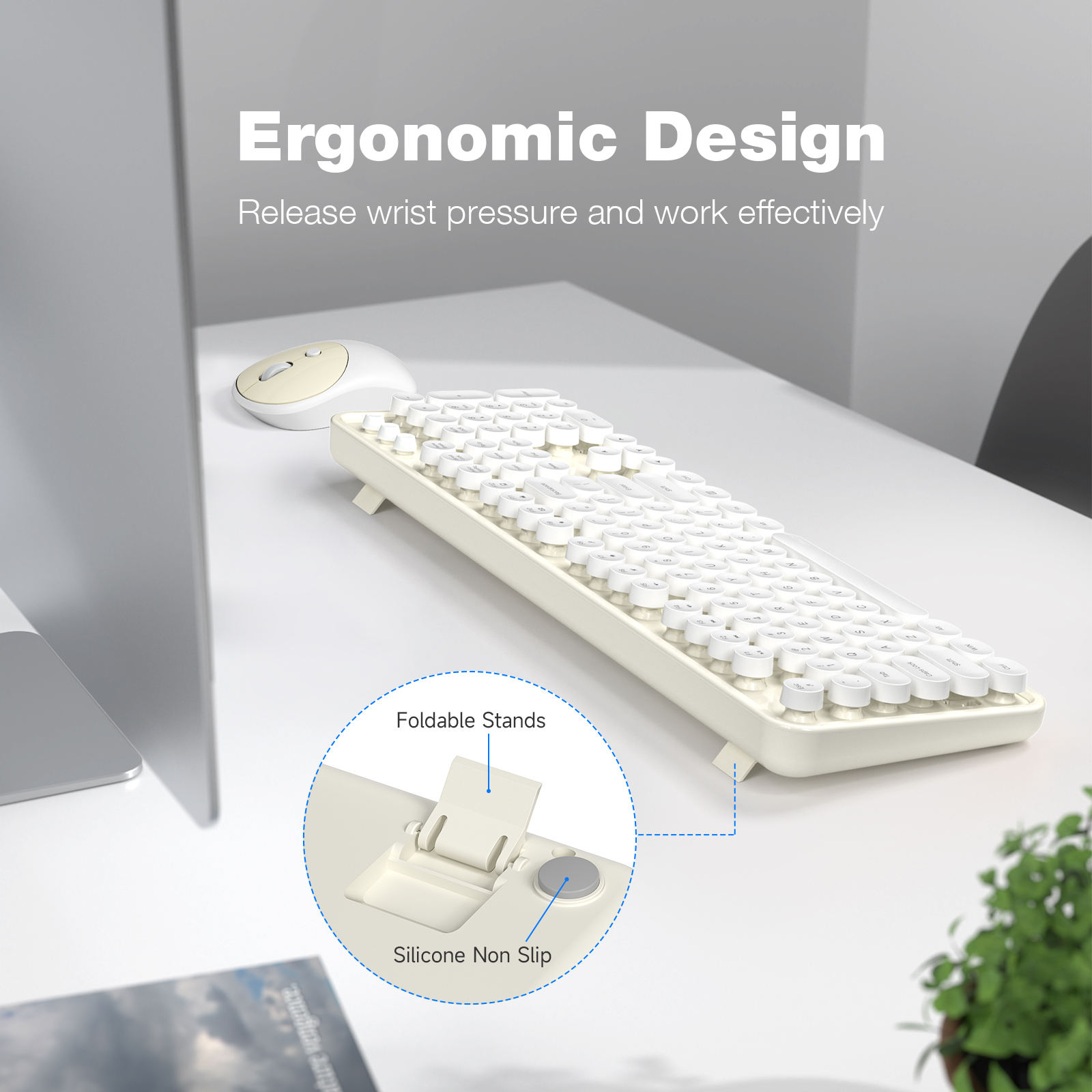 MOFII Wireless Keyboard and Mouse Combo, Computer Full Size 2.4G Plug and Play Wireless Typewriter Retro Round Keyboard and Mouse Set for Windows, Computer, Desktop, PC, Notebook - (Off White)