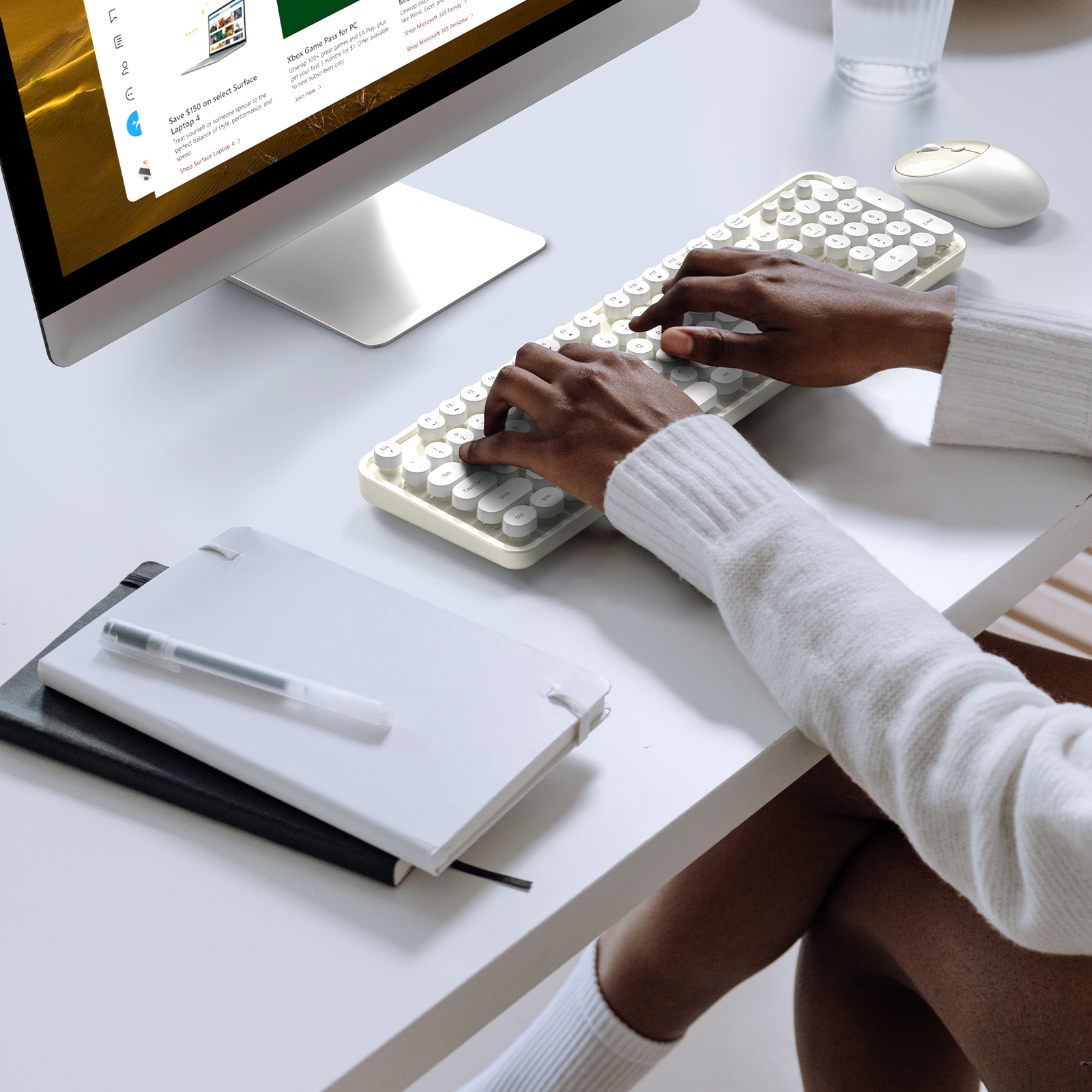 MOFII Wireless Keyboard and Mouse Combo, Computer Full Size 2.4G Plug and Play Wireless Typewriter Retro Round Keyboard and Mouse Set for Windows, Computer, Desktop, PC, Notebook - (Off White)