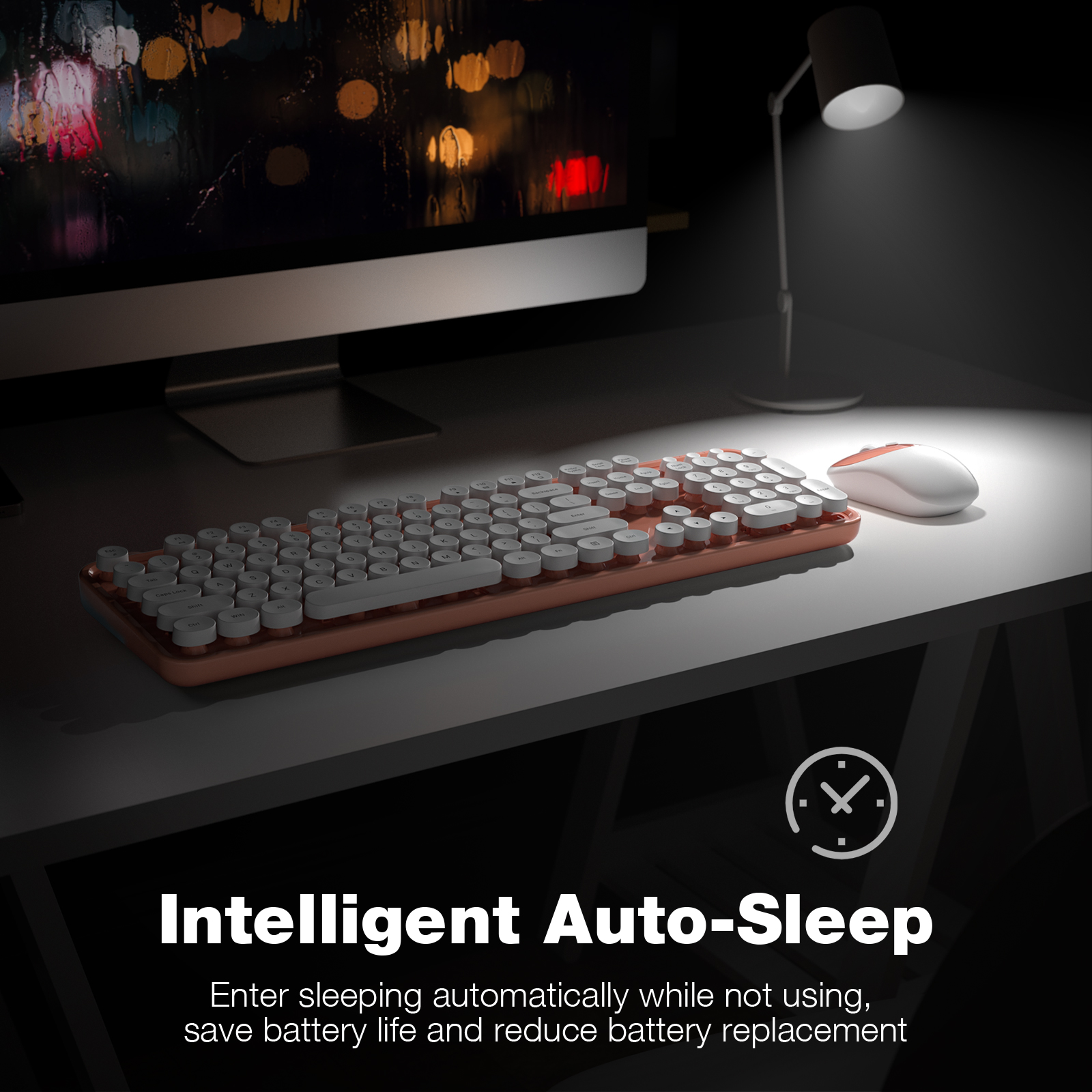 MOFII Wireless Keyboard and Mouse Combo, Computer Full Size 2.4G Plug and Play Wireless Typewriter Retro Round Keyboard and Mouse Set for Windows, Computer, Desktop, PC, Notebook - (Light Orange)