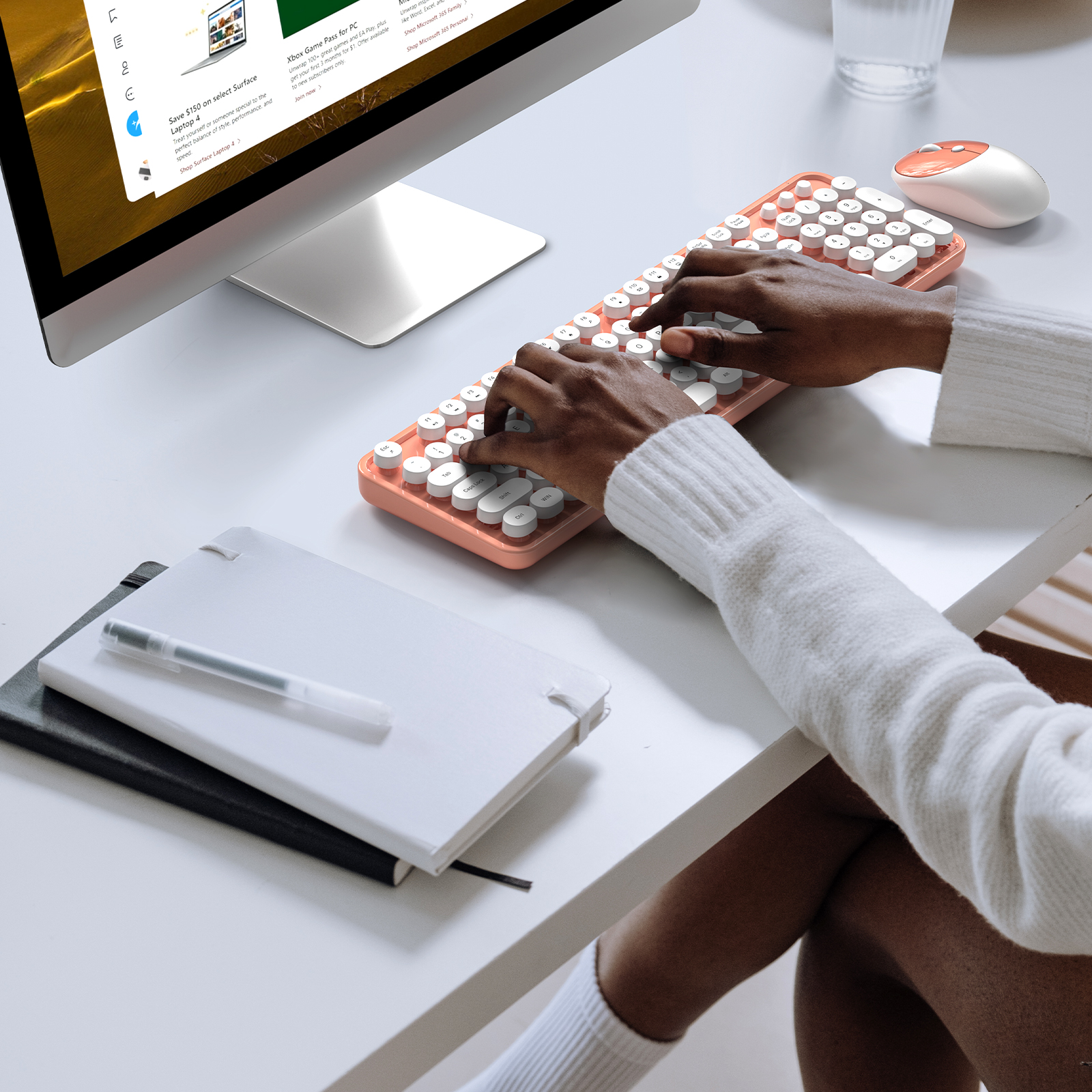 MOFII Wireless Keyboard and Mouse Combo, Computer Full Size 2.4G Plug and Play Wireless Typewriter Retro Round Keyboard and Mouse Set for Windows, Computer, Desktop, PC, Notebook - (Light Orange)