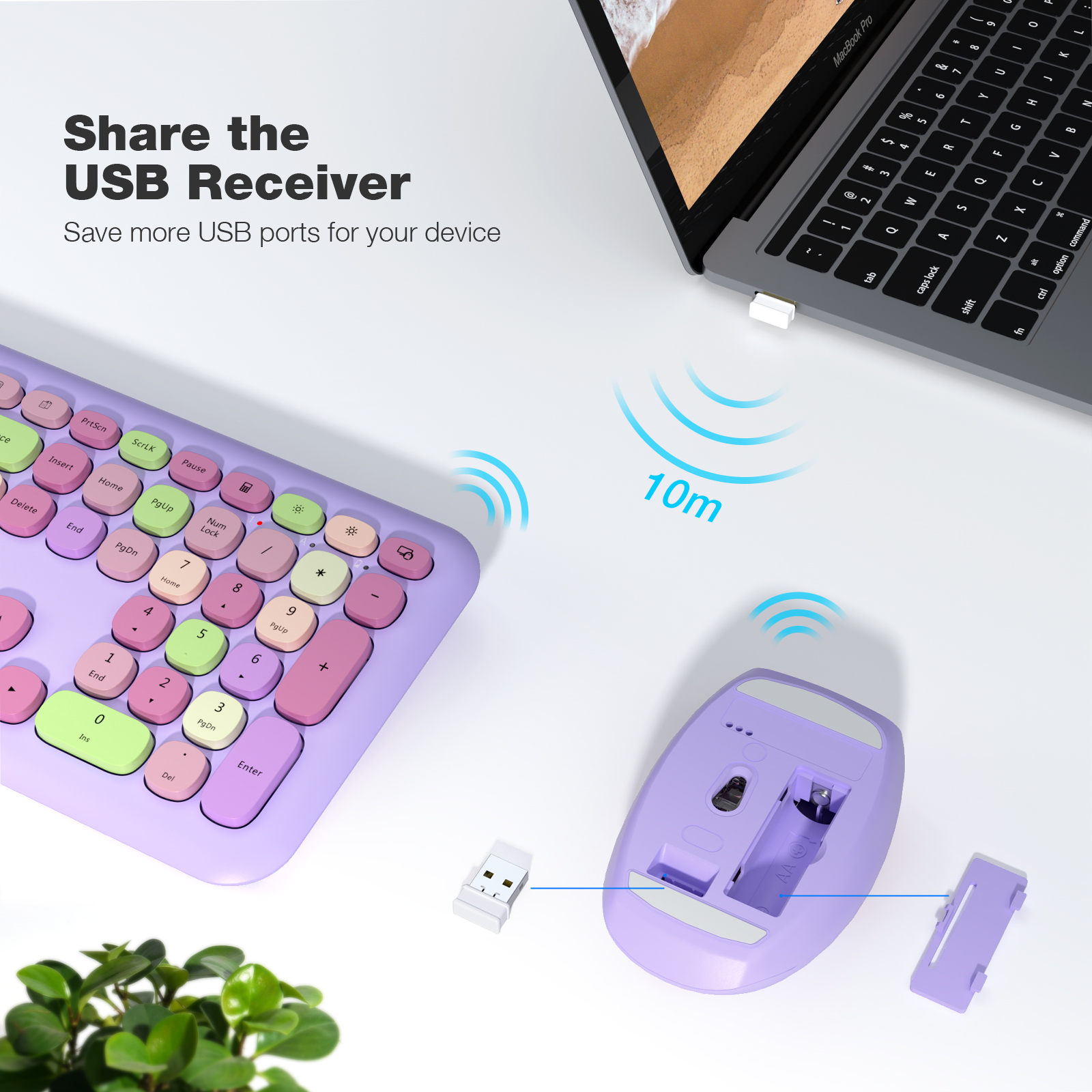 MOFII Wireless Keyboard and Mouse Combo, 2.4G Silent Cordless Slim Full Size Keyboard and Ergonomic Mice Set for Laptop, Desktop, MacBook, PC - Purple Colorful