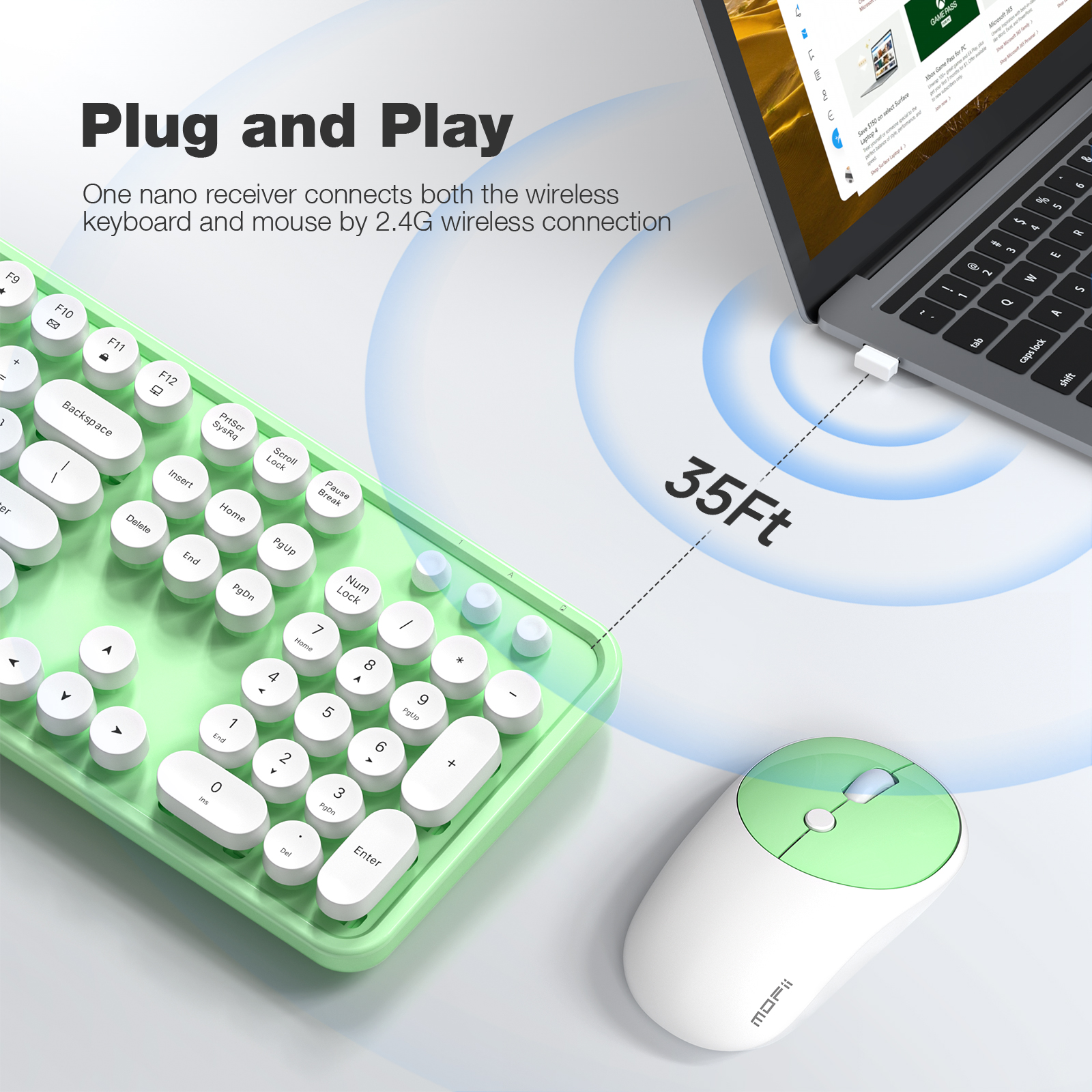 MOFII Wireless Keyboard and Mouse Combo, Computer Full Size 2.4G Plug and Play Wireless Typewriter Retro Round Keyboard and Mouse Set for Windows, Computer, Desktop, PC, Notebook - (Light Green)