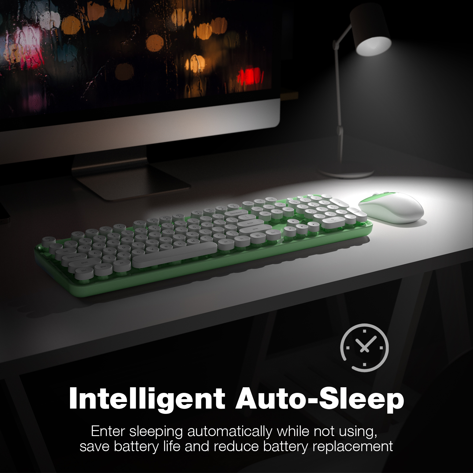 MOFII Wireless Keyboard and Mouse Combo, Computer Full Size 2.4G Plug and Play Wireless Typewriter Retro Round Keyboard and Mouse Set for Windows, Computer, Desktop, PC, Notebook - (Light Green)