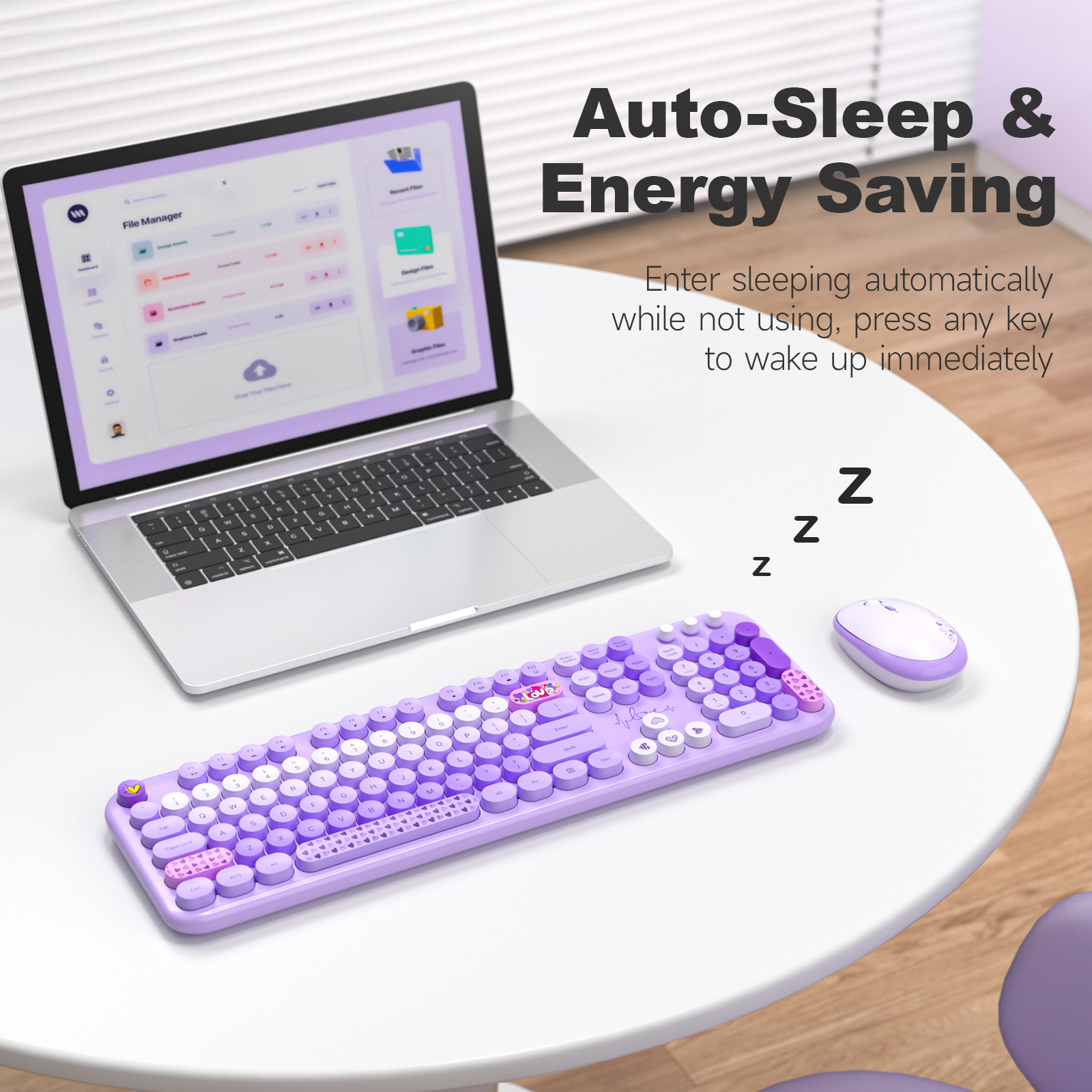 MOFII Wireless Keyboard and Mouse Combo, Full Size 2.4G Plug and Play Typewriter Retro Round Computer Keyboard and Mouse Set for Windows, Computer, Desktop, PC, Notebook - (Purple Colorful)