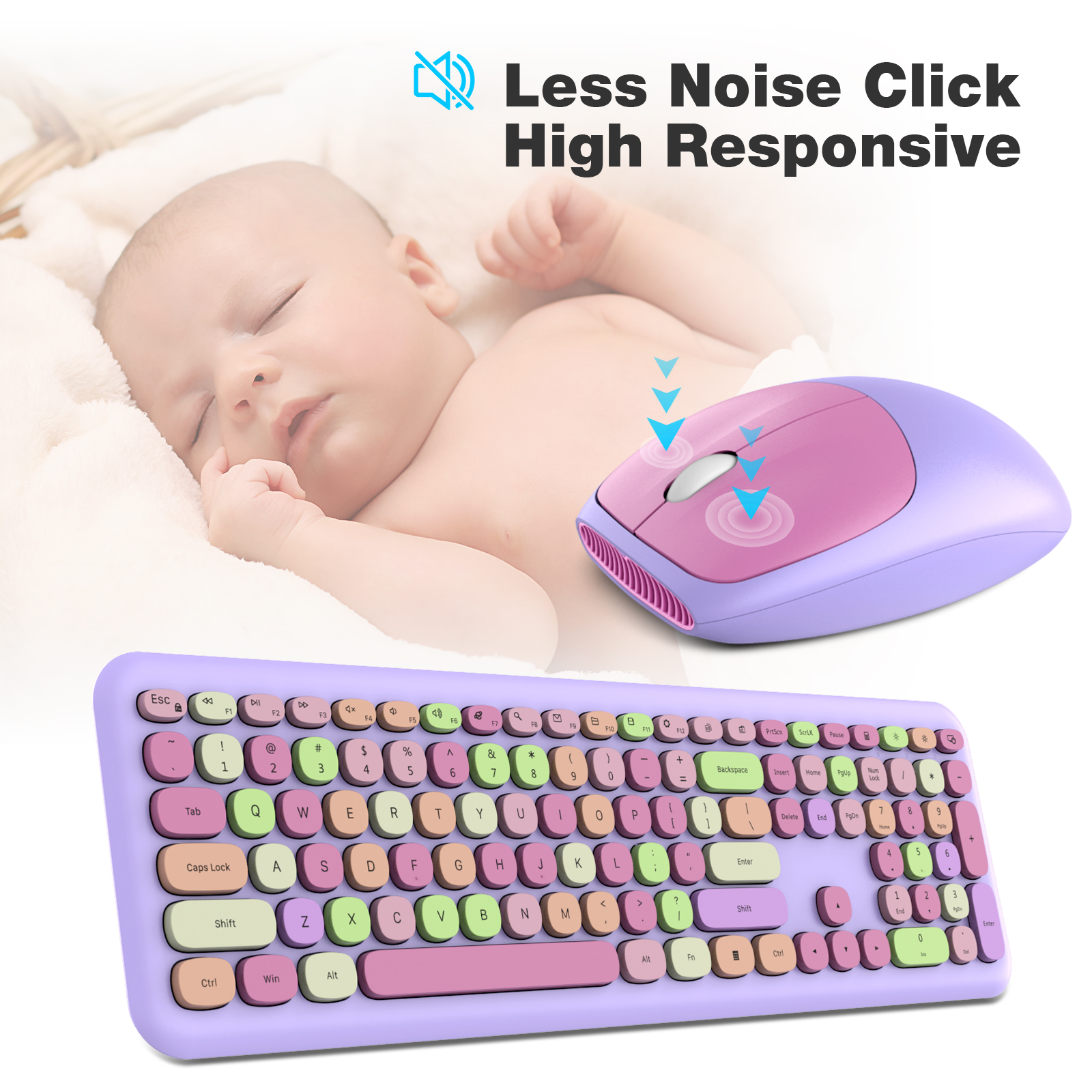 MOFII Wireless Keyboard and Mouse Combo, 2.4G Silent Cordless Slim Full Size Keyboard and Ergonomic Mice Set for Laptop, Desktop, MacBook, PC - Purple Colorful
