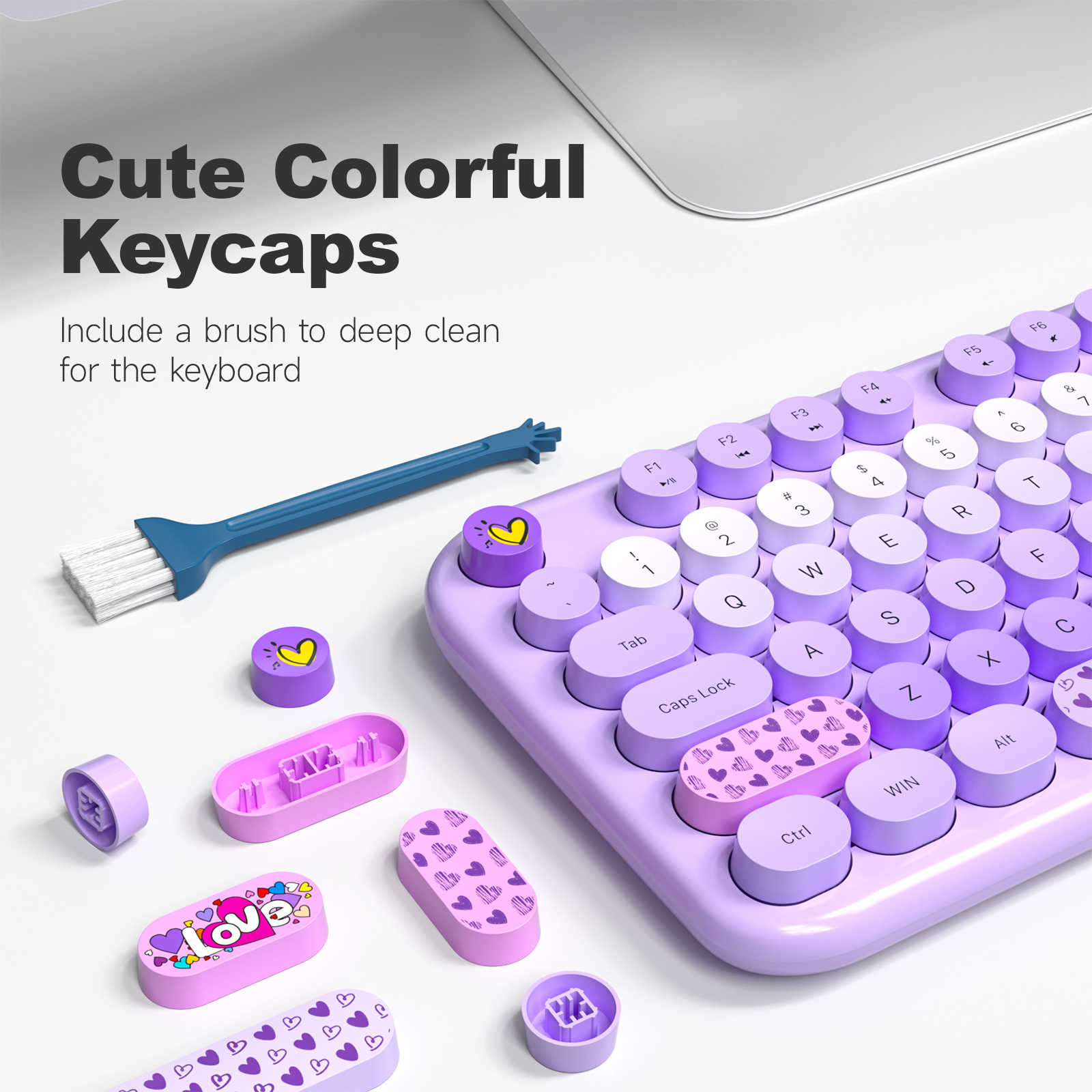 MOFII Wireless Keyboard and Mouse Combo, Full Size 2.4G Plug and Play Typewriter Retro Round Computer Keyboard and Mouse Set for Windows, Computer, Desktop, PC, Notebook - (Purple Colorful)
